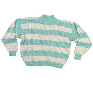Gerard Works Sweater Womens M Vintage 80s Striped White Teal Chunky Cable Knit